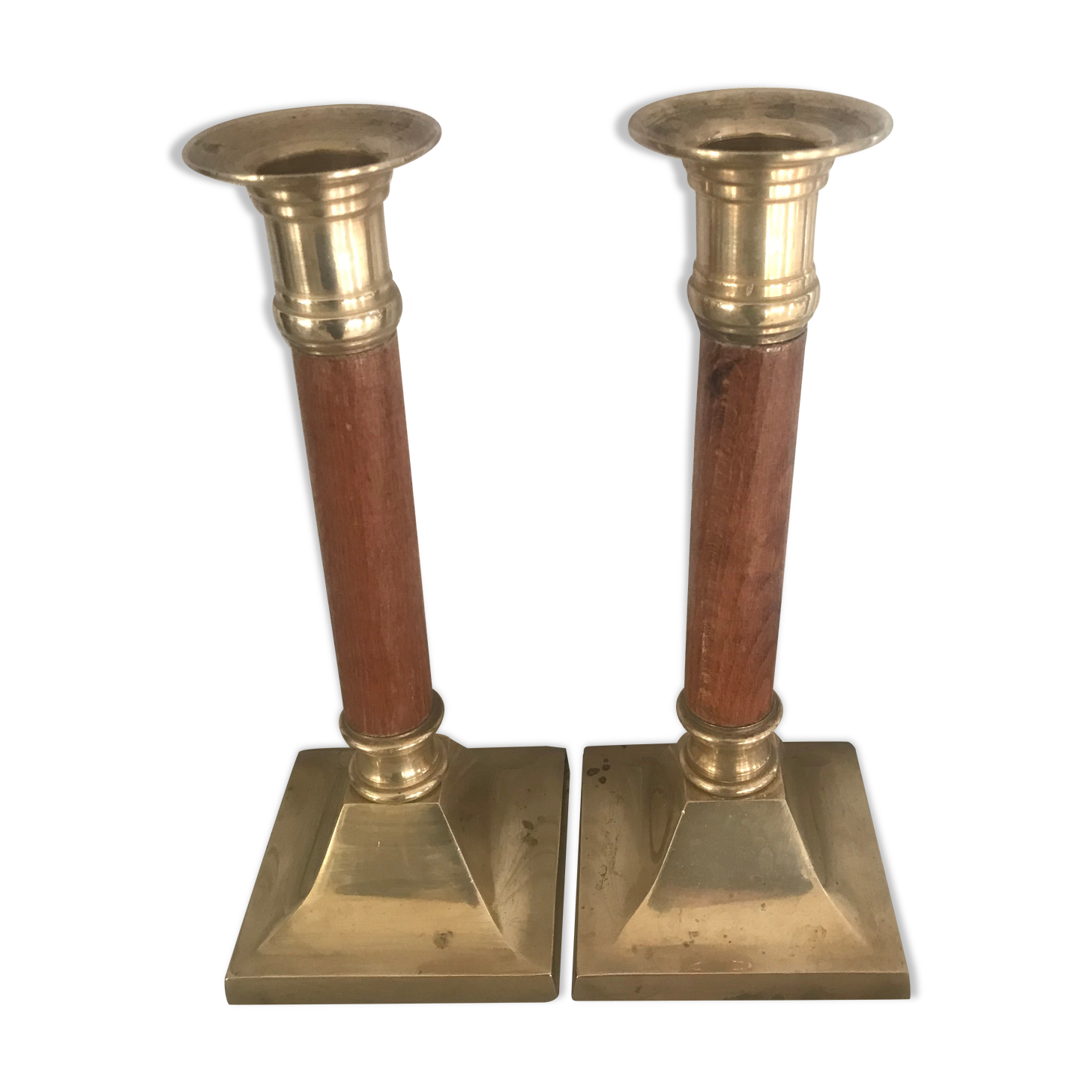 Pair of wood and brass candle holders