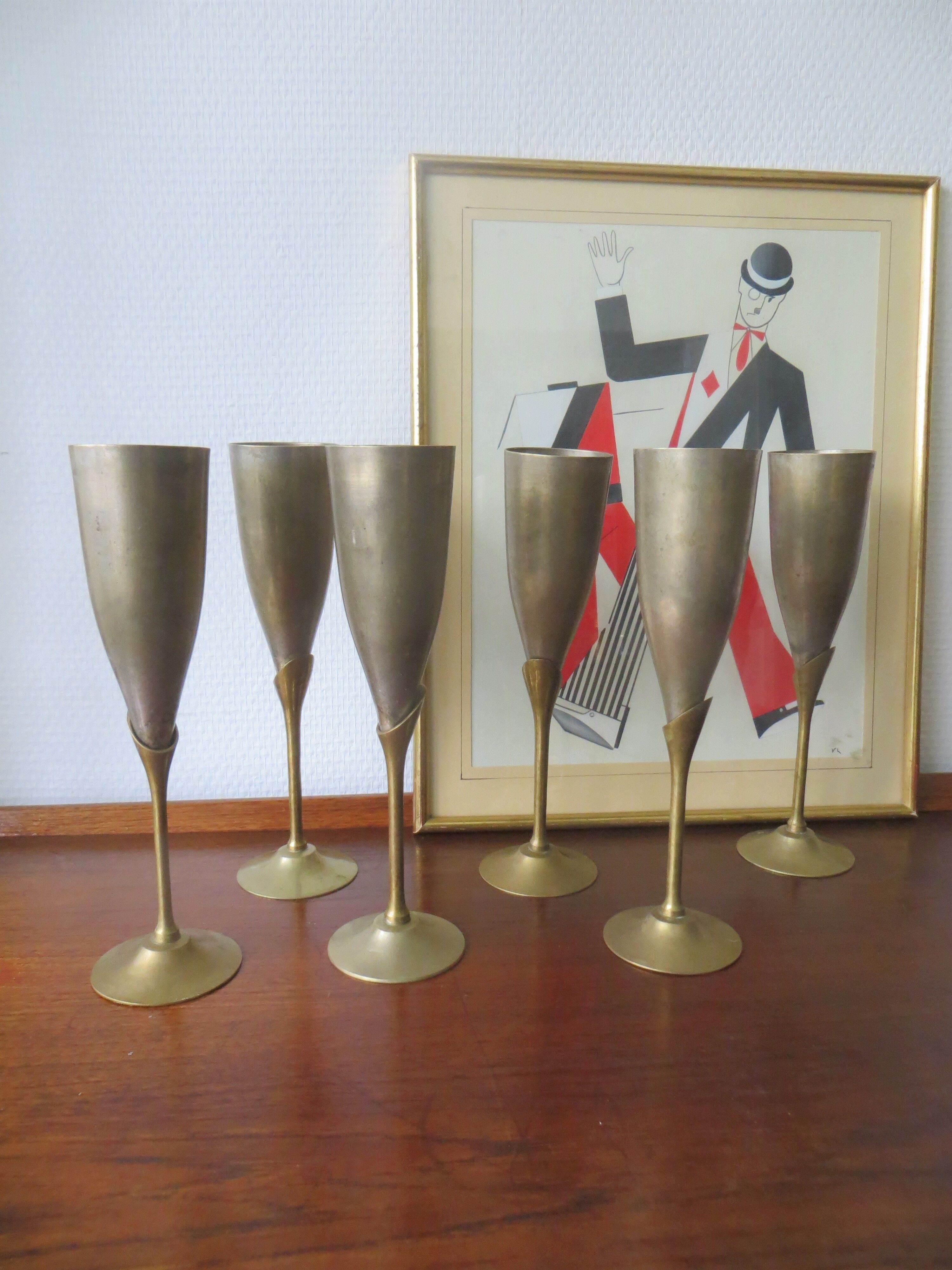 6 vintage metal Champagne flutes