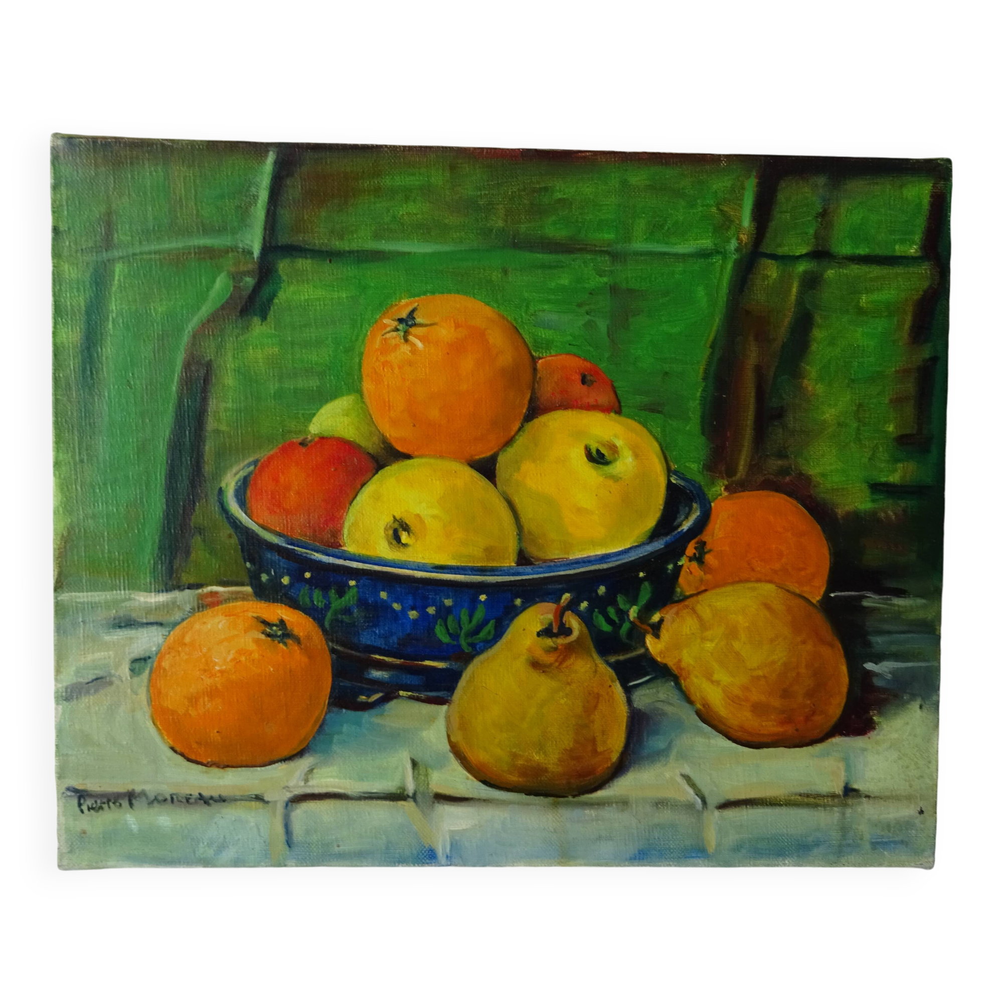 Still life painting with fruits canvas signed Pierre Moreau