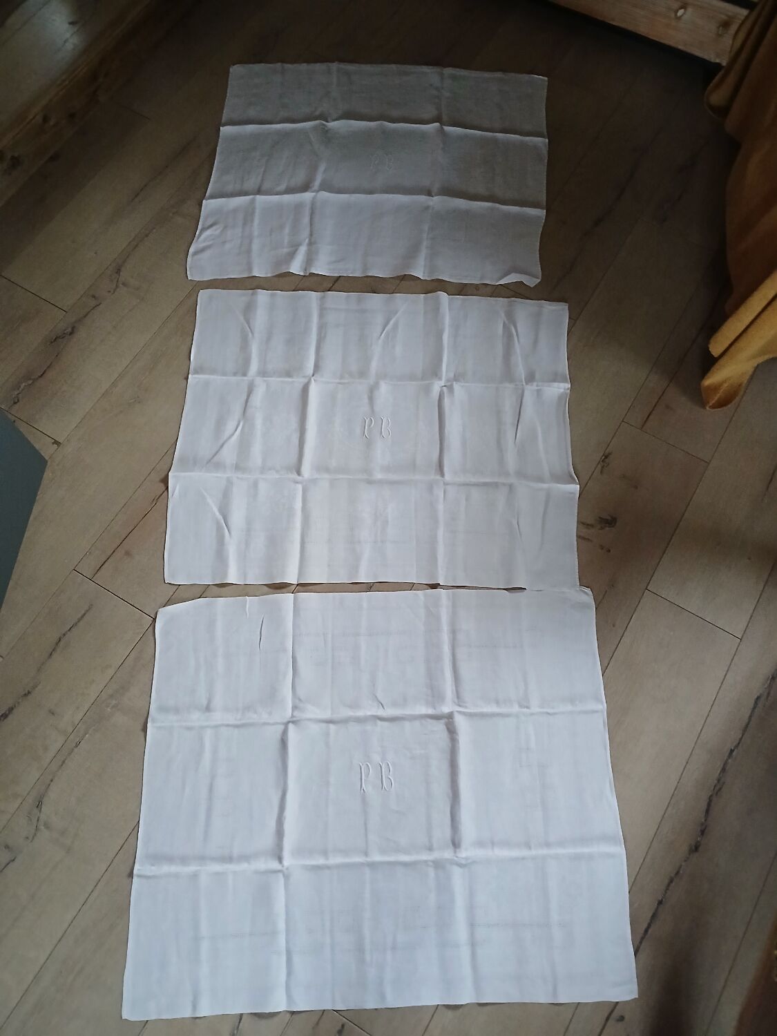 3 small antique tablecloths with embroidered initials PB