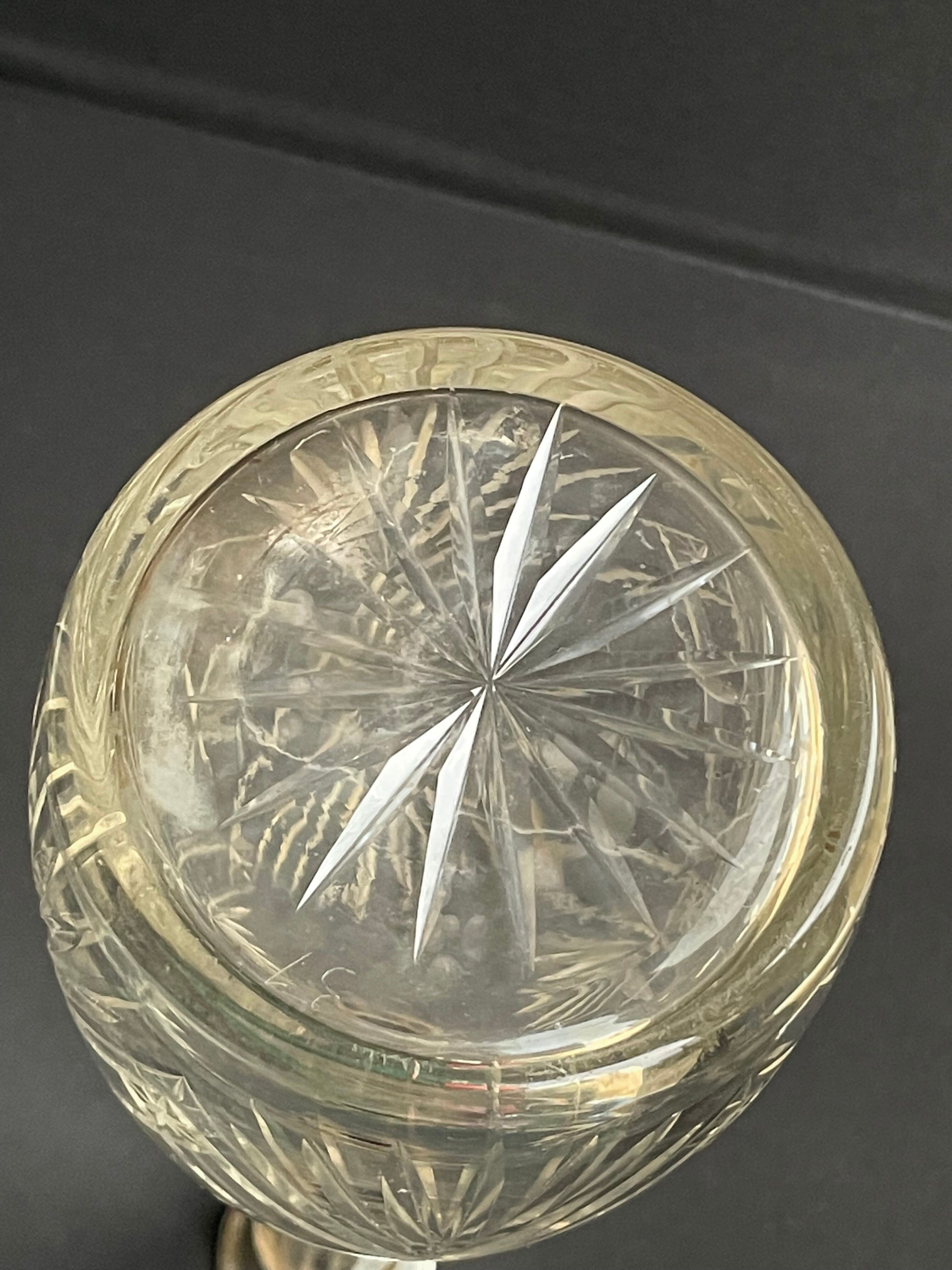 Blown crystal decanter, cut and silver collar