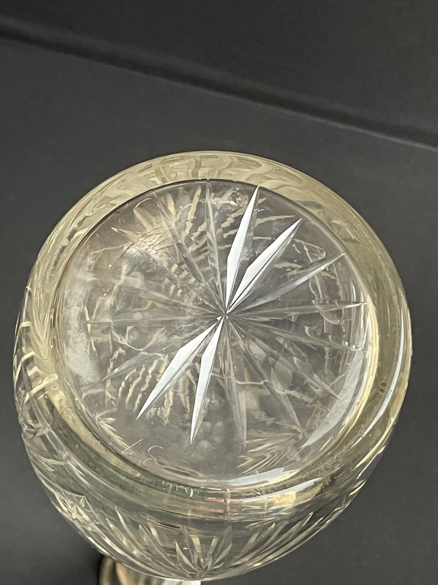 Blown crystal decanter, cut and silver collar