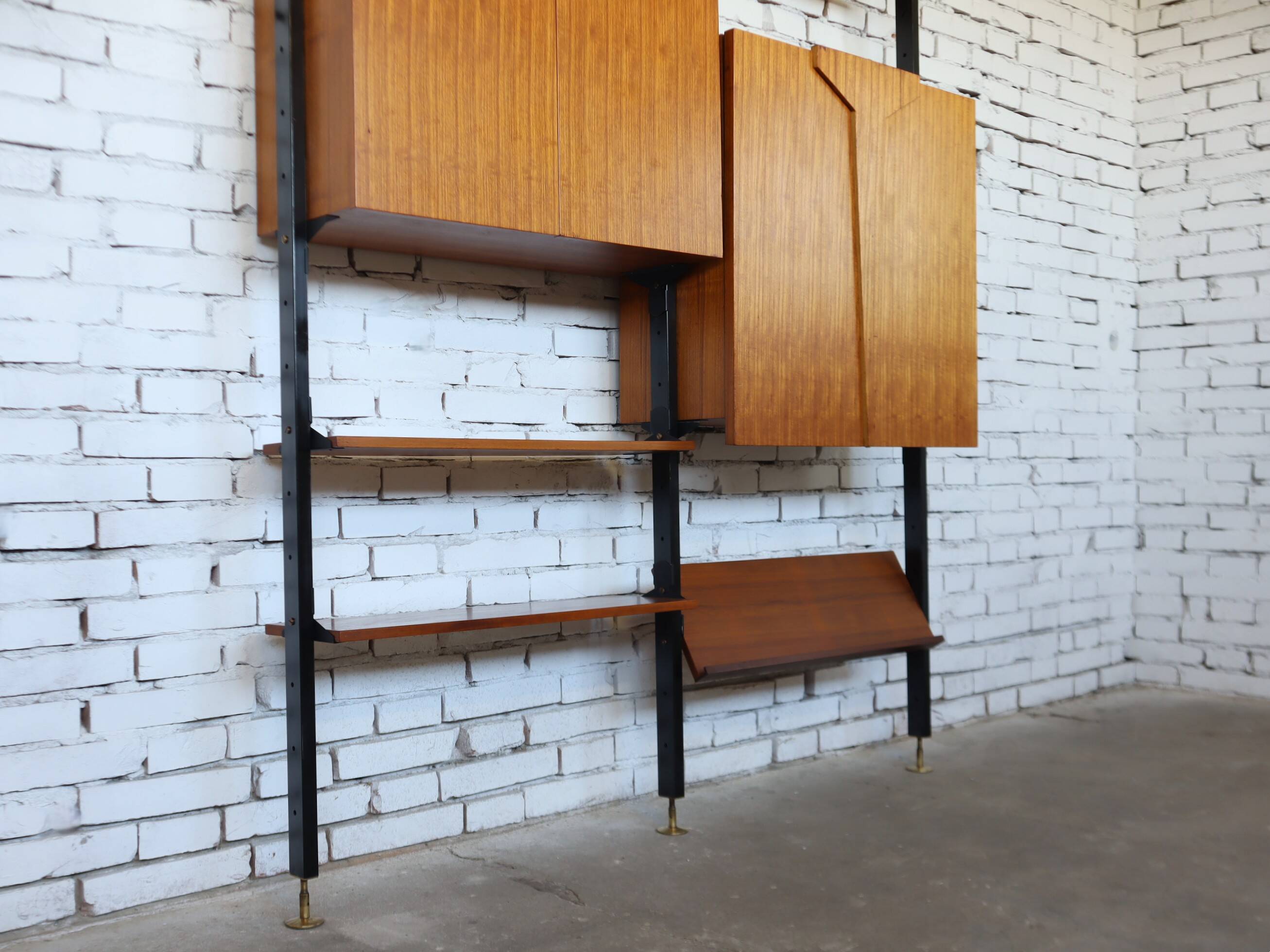 1950s mid-century wall unit teak and iron folding desk & cabinet module