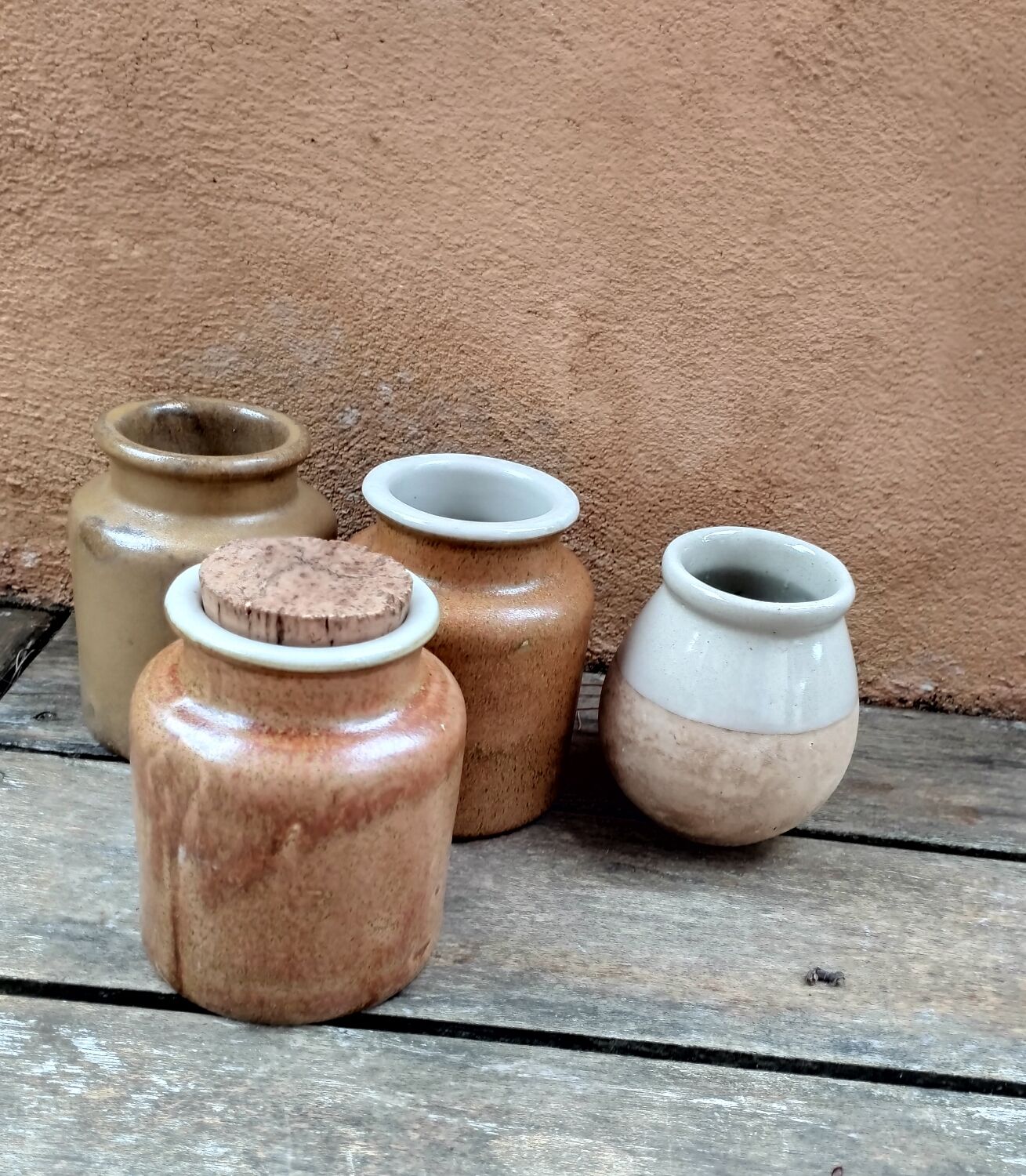 4 anciens pot moutarde en grès brun