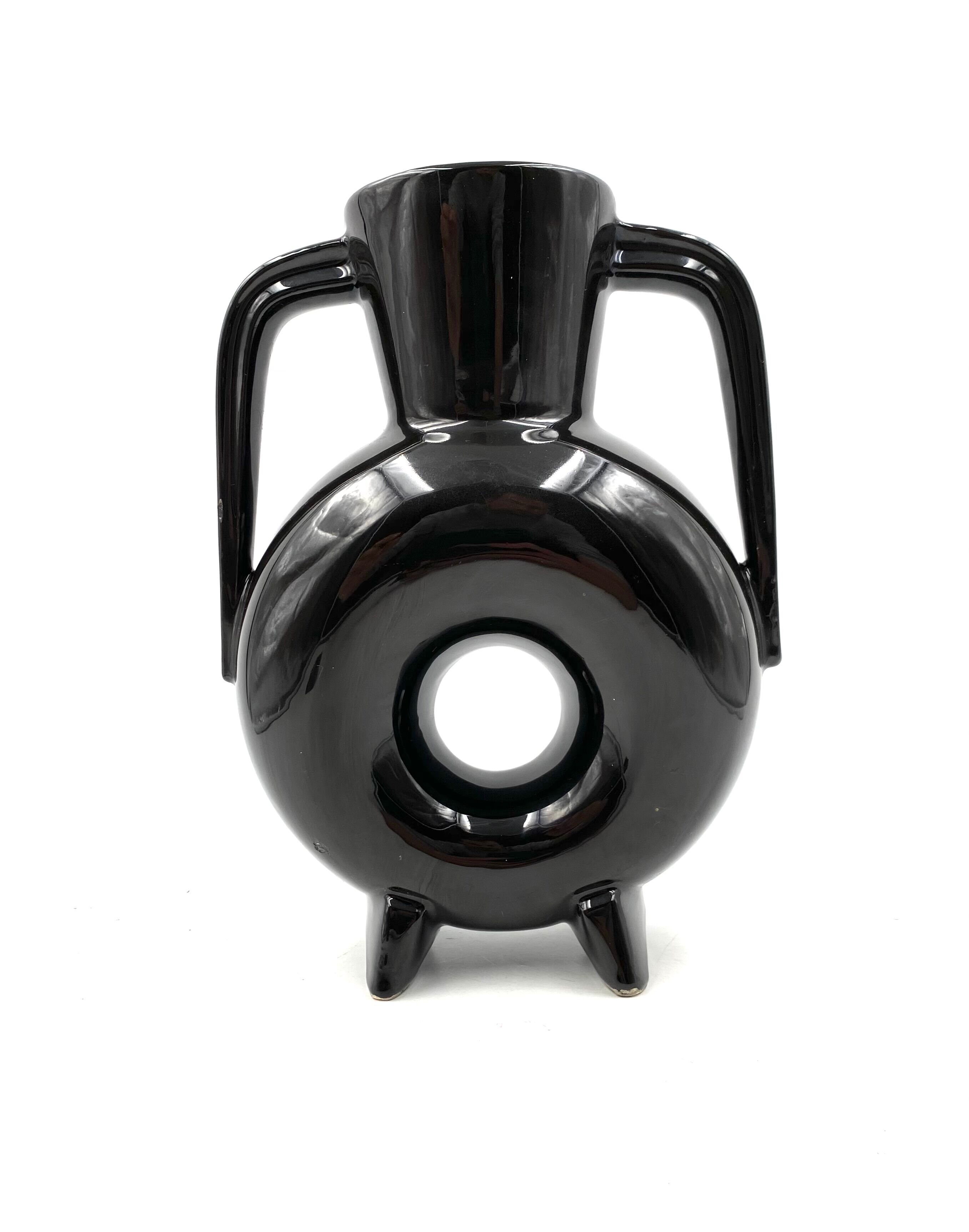 Vase en céramique noire moderne organique, France 1970s