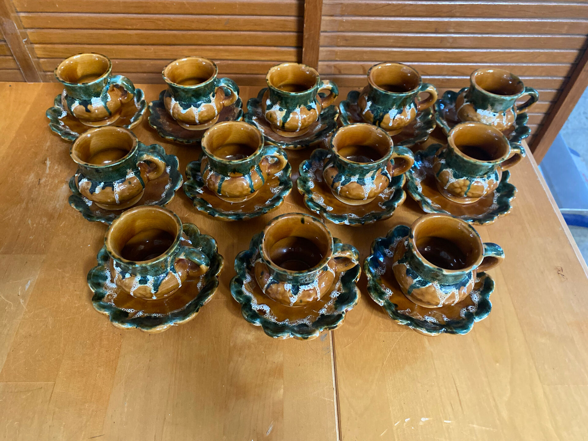 Vintage French café service set, 27 pieces, old pottery from Maine.
