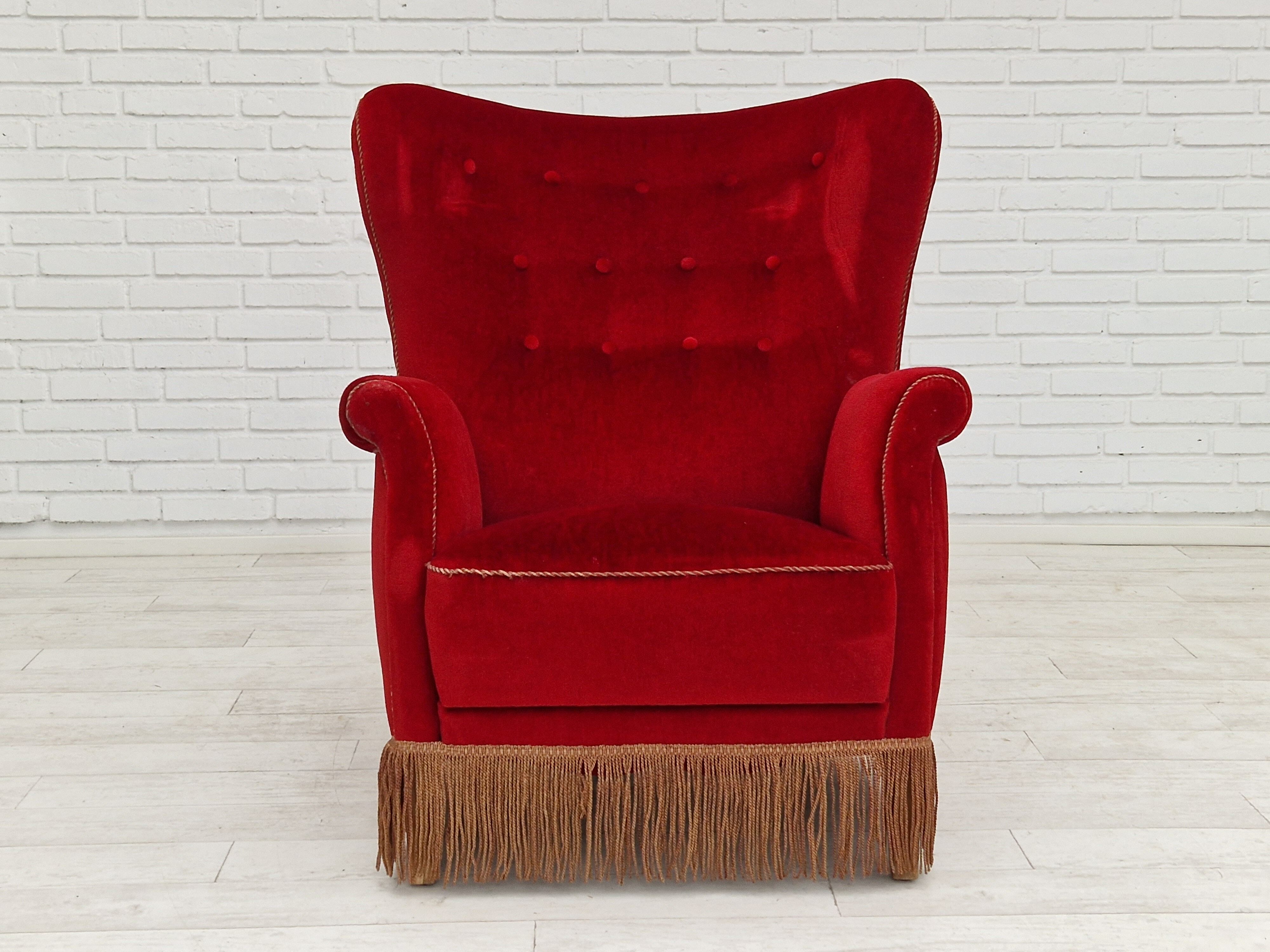 1960s, danish high back vintage armchair in cherry-red velour