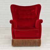 1960s, danish high back vintage armchair in cherry-red velour