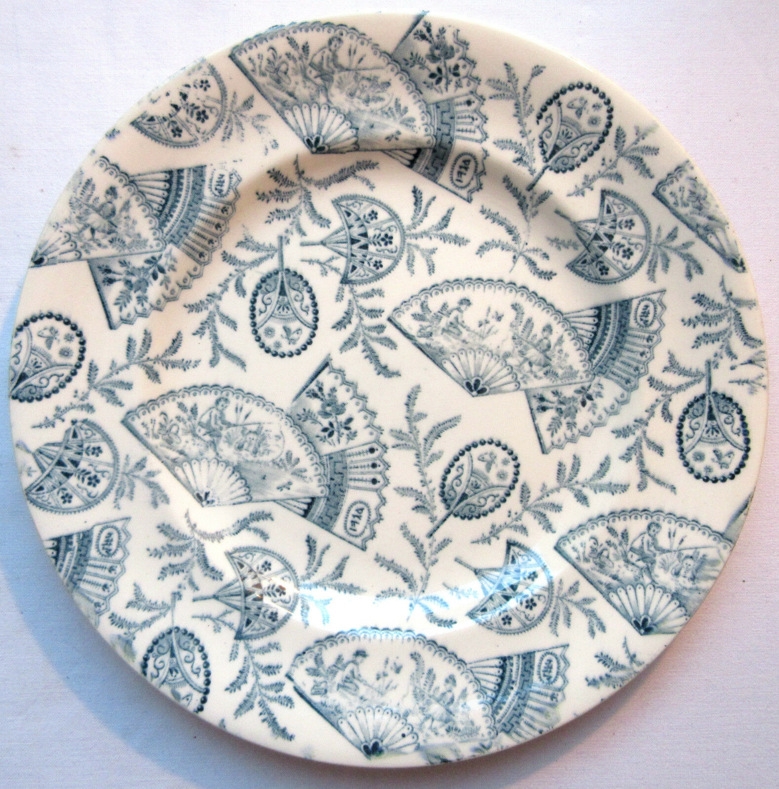 Art nouveau plate by longwy, grey-blue model: eventails