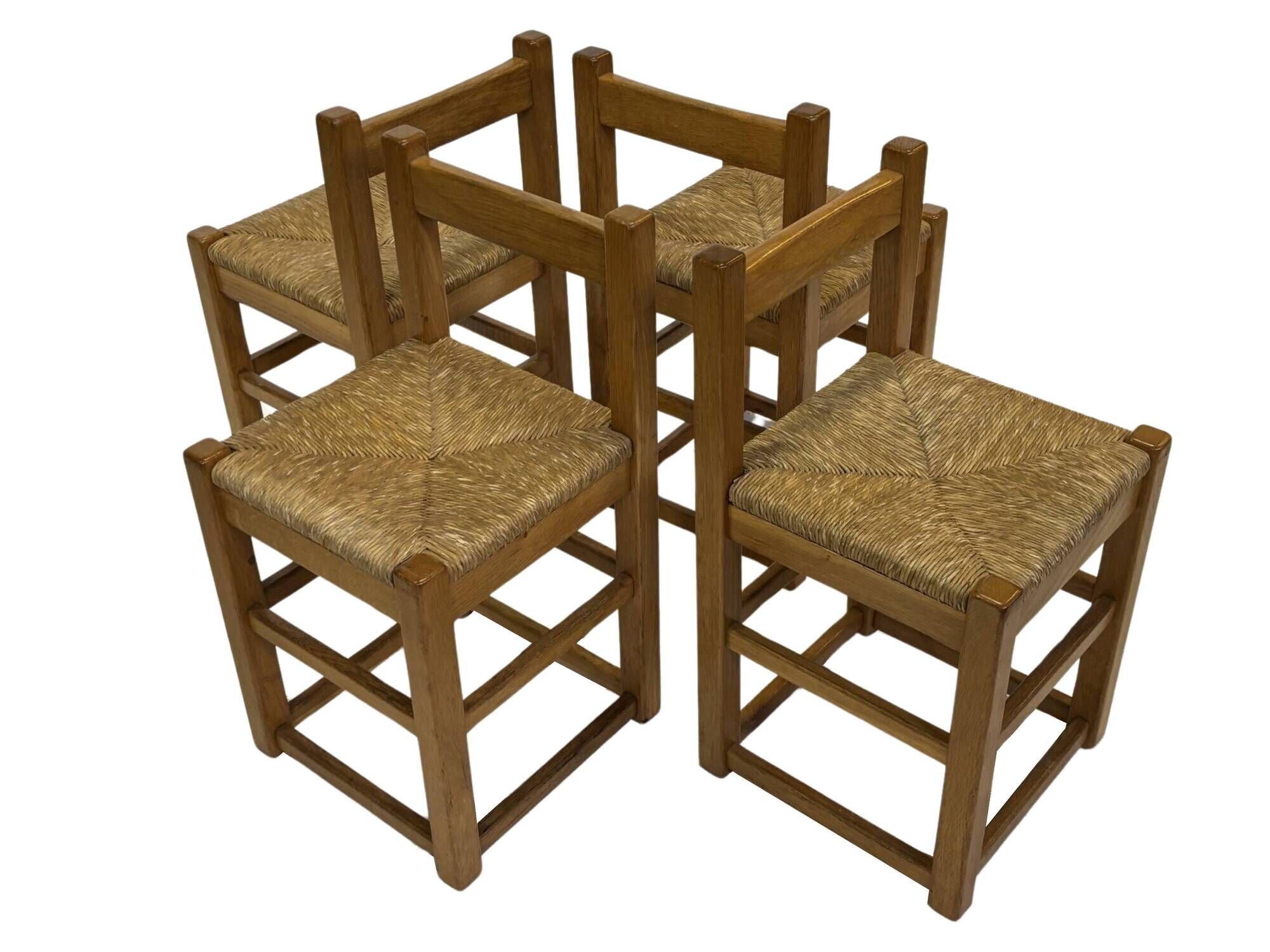 Set of four vintage chairs / stool - brutalist style minimalist oak and wicker 60s