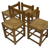Set of four vintage chairs / stool - brutalist style minimalist oak and wicker 60s