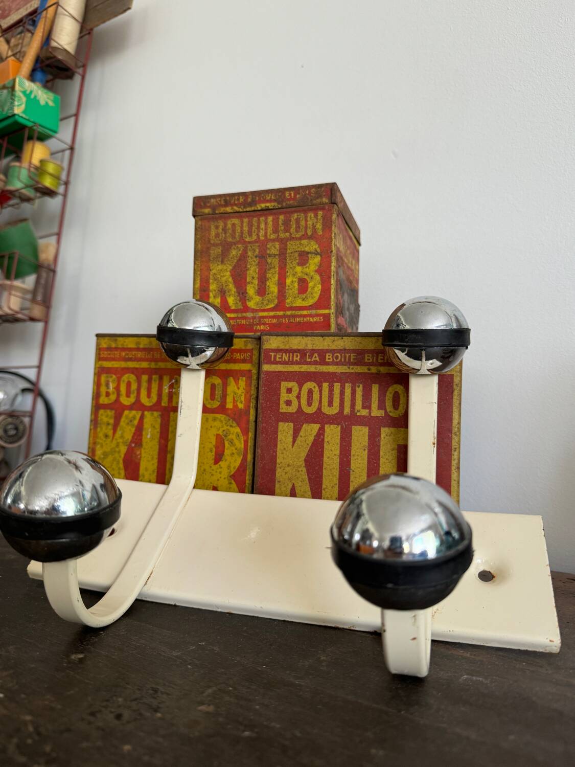 Wall coat rack with 2 vintage ball hooks