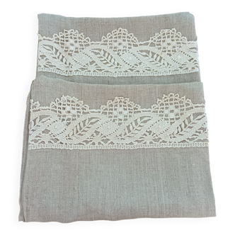 Housses coussin rectangulaire lin beige et dentelle (lot de 2)