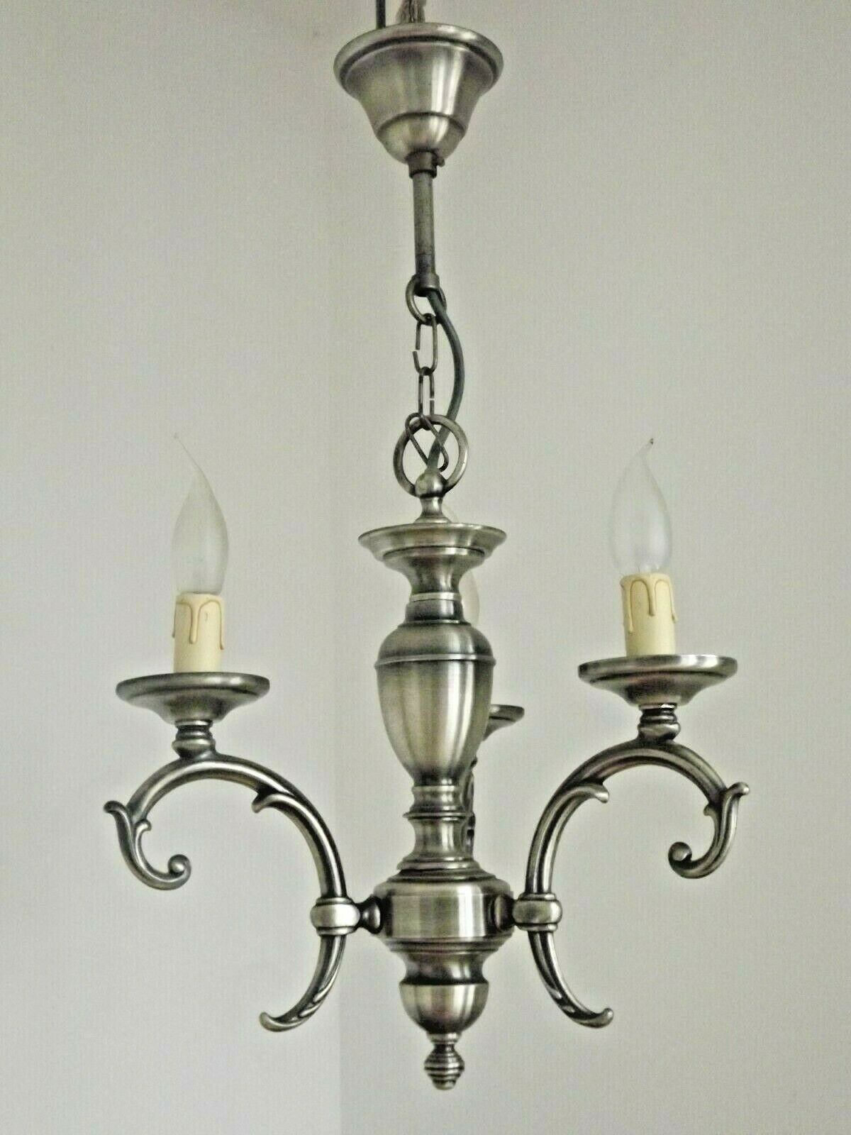 French brushed silver metal 3 light chandelier scroll leaf detail
