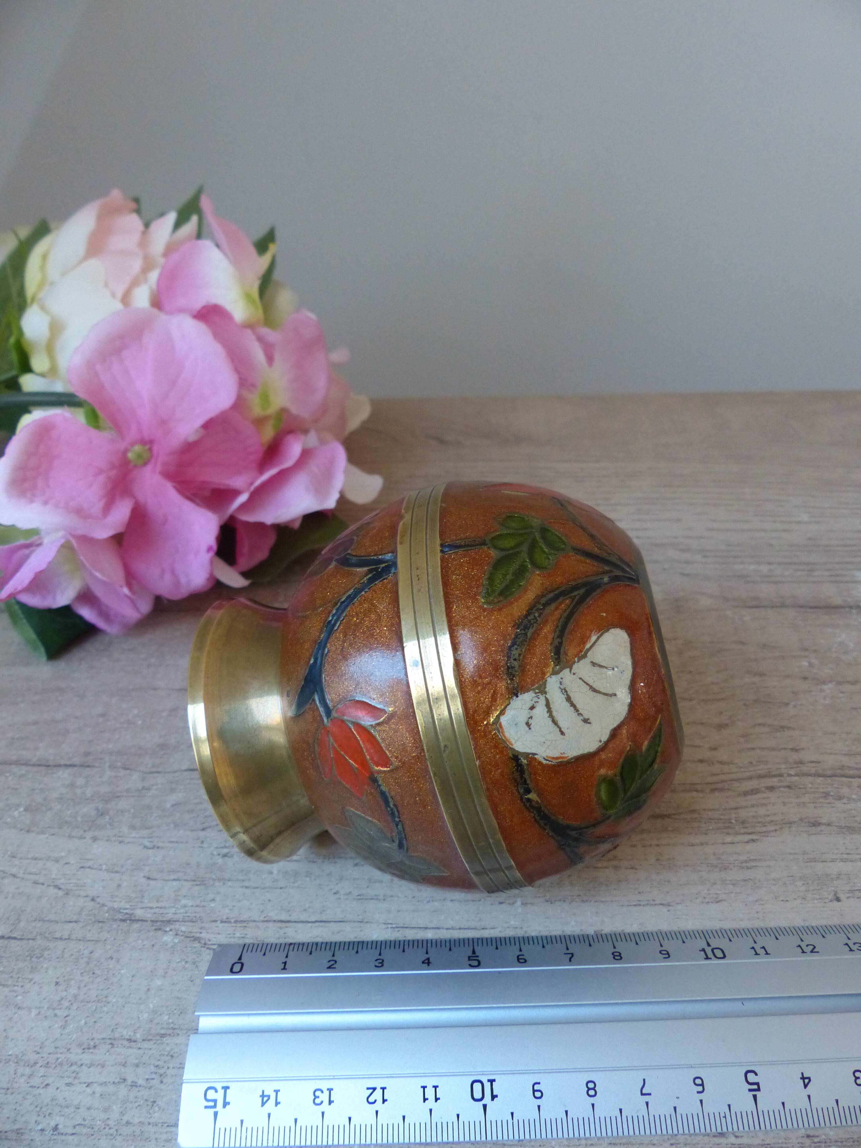 Old small brass and enamel vase with floral decoration, Small artisanal brass pot