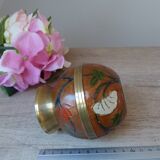 Old small brass and enamel vase with floral decoration, Small artisanal brass pot
