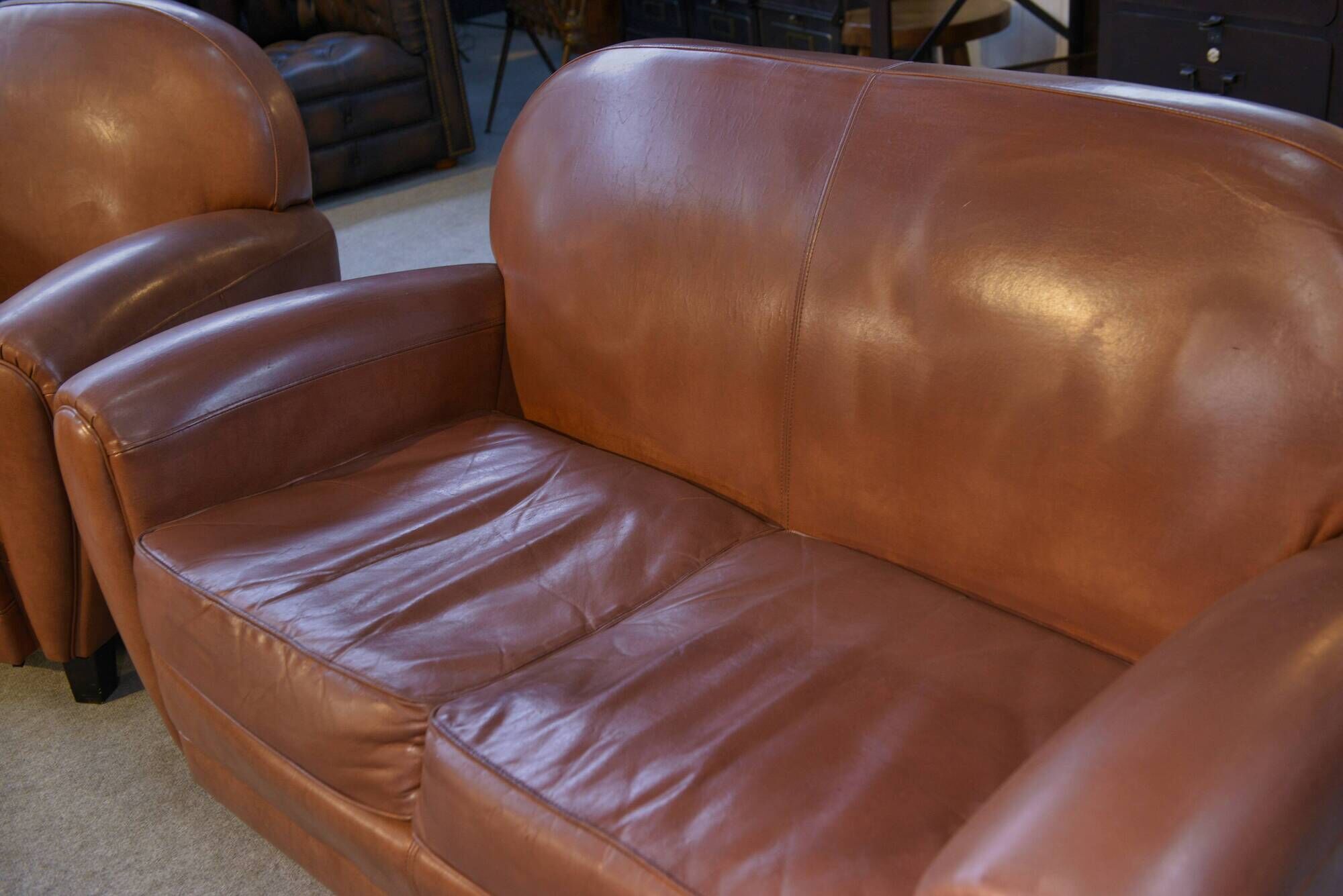 Camel 1980s 2-seater sofa and 2 club armchairs set in faux leather