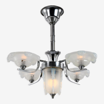 Art Deco chandelier in chrome and opalescent glass
