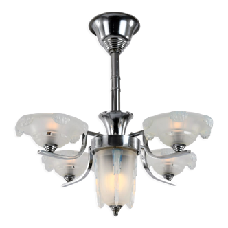 Art deco chandelier in chrome and opalescent glass