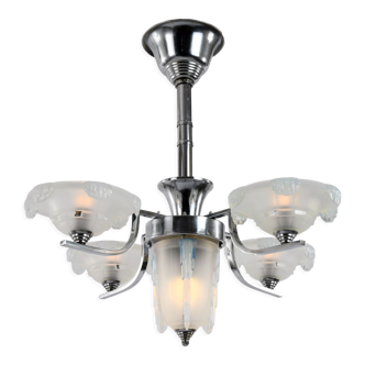 Art Deco chandelier in chrome and opalescent glass