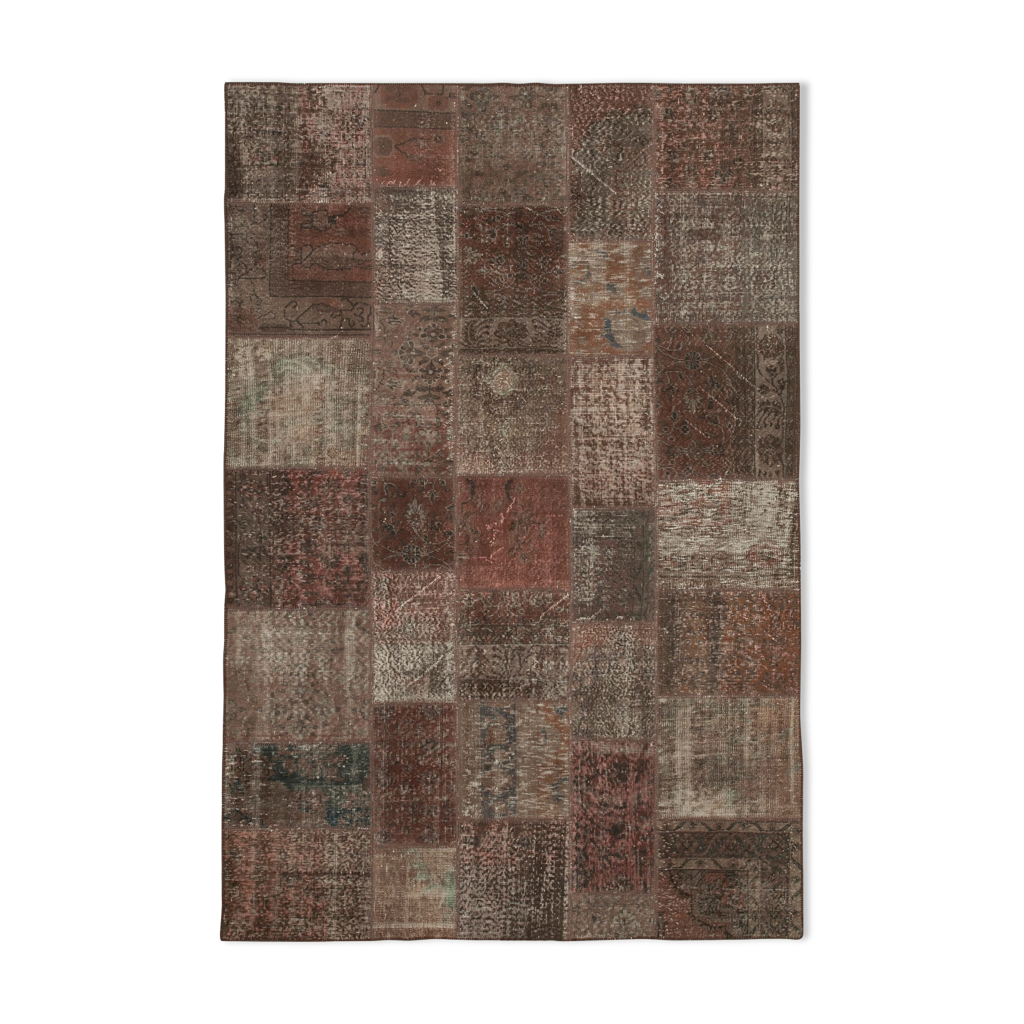 Tapis Patchwork Oriental Vintage - 201x150 Cm, Laine, Noué Main, Orange/marron - Pièce Unique
