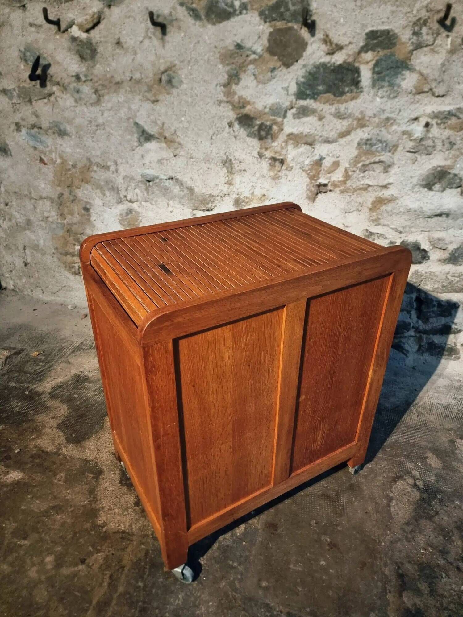 Vintage French oak office rolling cabinet with tambour door, 1950s.
