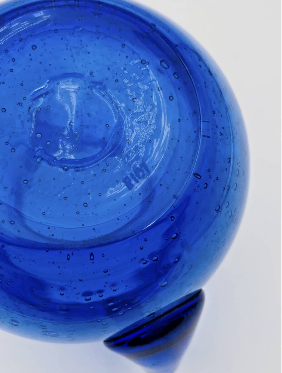Blue bubble glass pitcher signed Biot