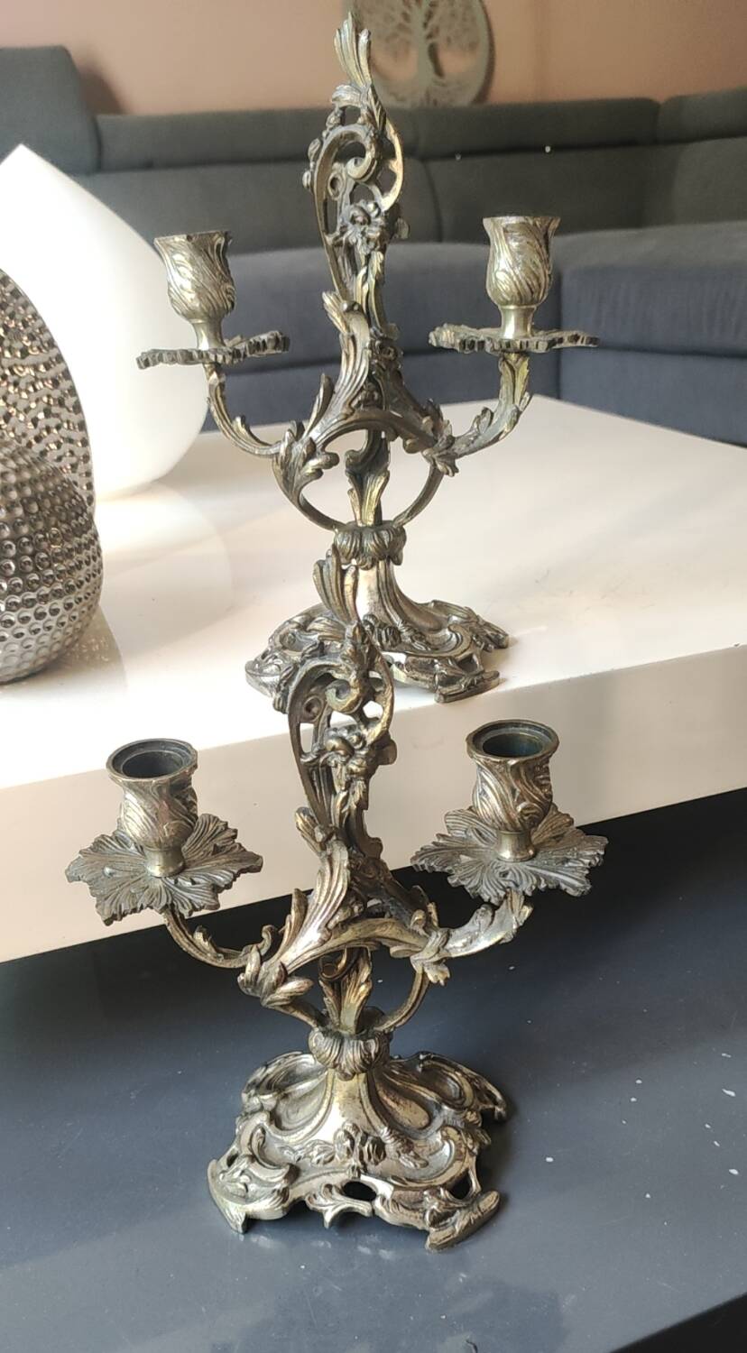 Pair of Candelabra in Louis XV/Rocaille Style, 2 lights. In gilded bronze, 19th century.