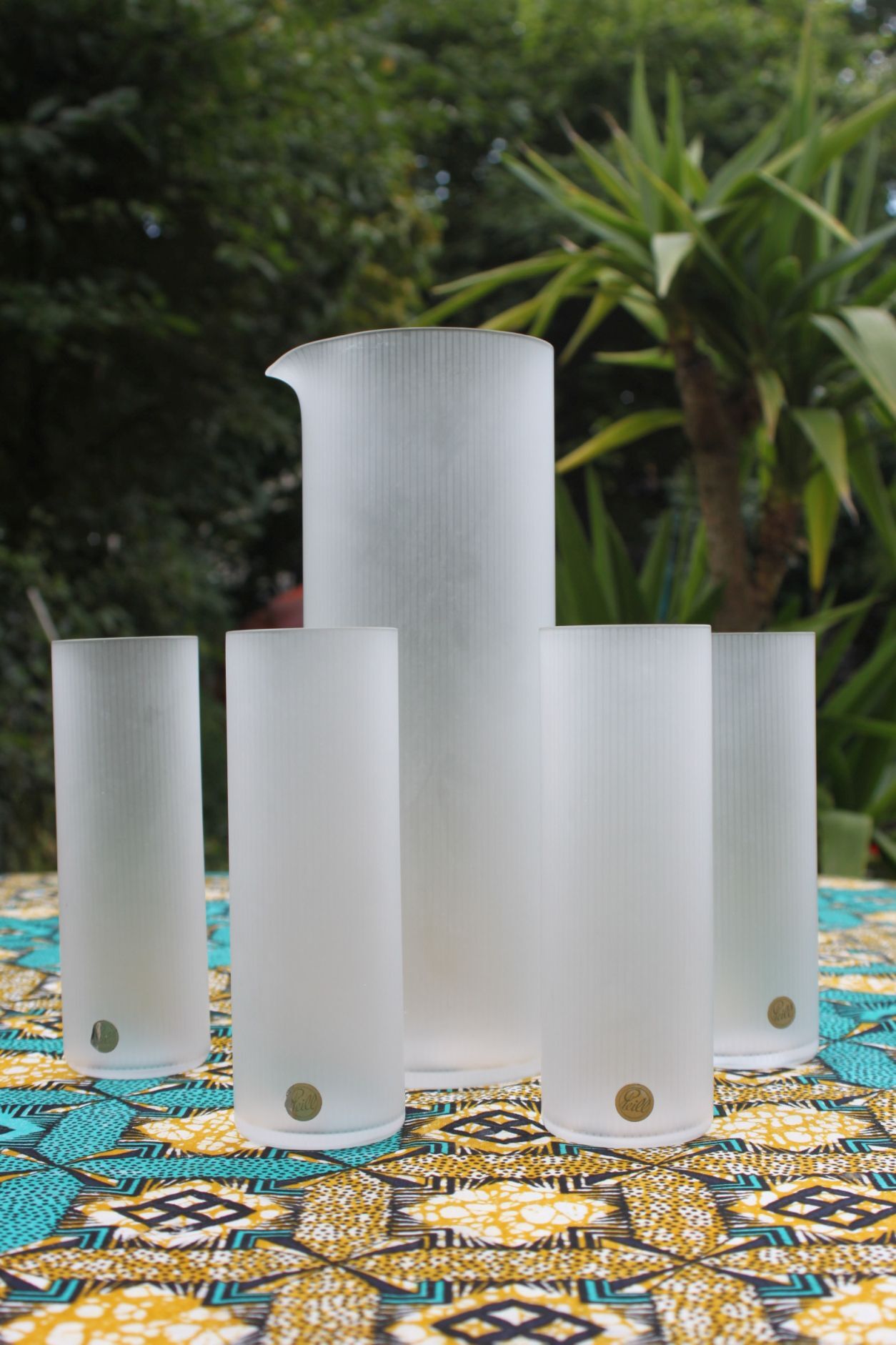 Striped ice glass pitcher and six cocktail glasses by Peill & Putzler, Germany 1960s.