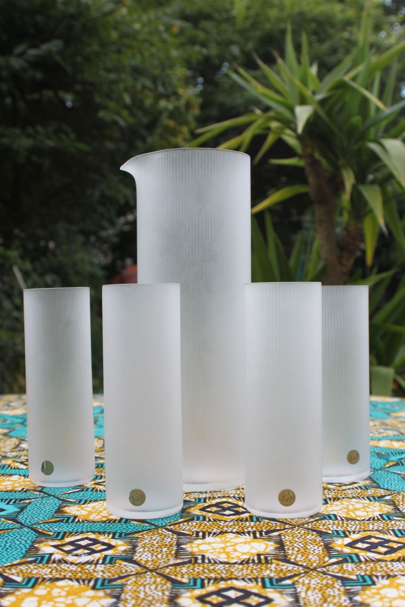 Striped ice glass pitcher and six cocktail glasses by Peill & Putzler, Germany 1960s.