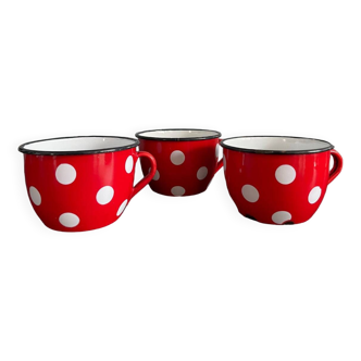 Set of 3 red cups with white polka dots in enameled sheet metal