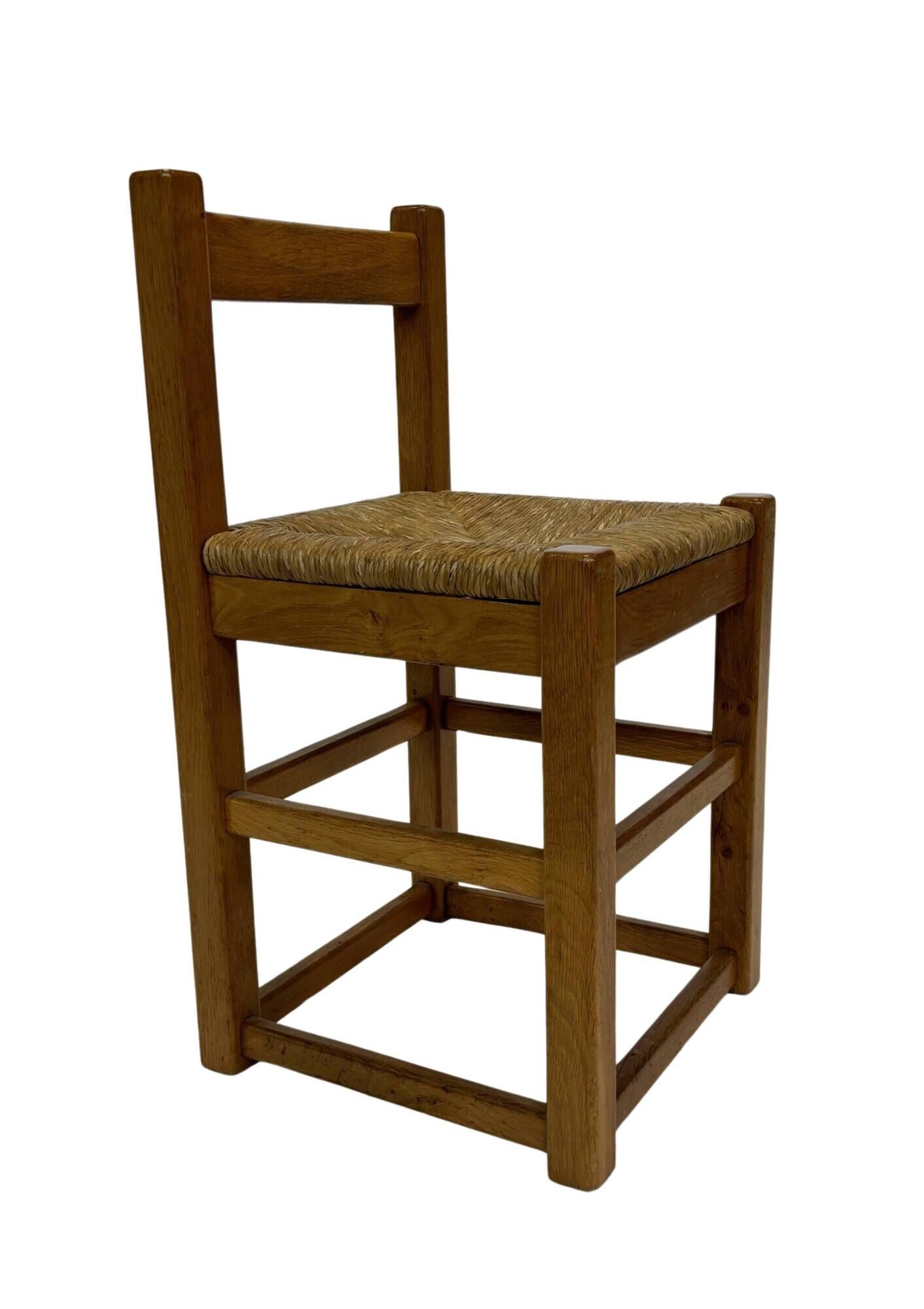 Set of four vintage chairs / stool - brutalist style minimalist oak and wicker 60s