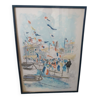 toile lithographie HUCHET - « Voiliers à Saint-Tropez »  Lithographie originale en couleurs