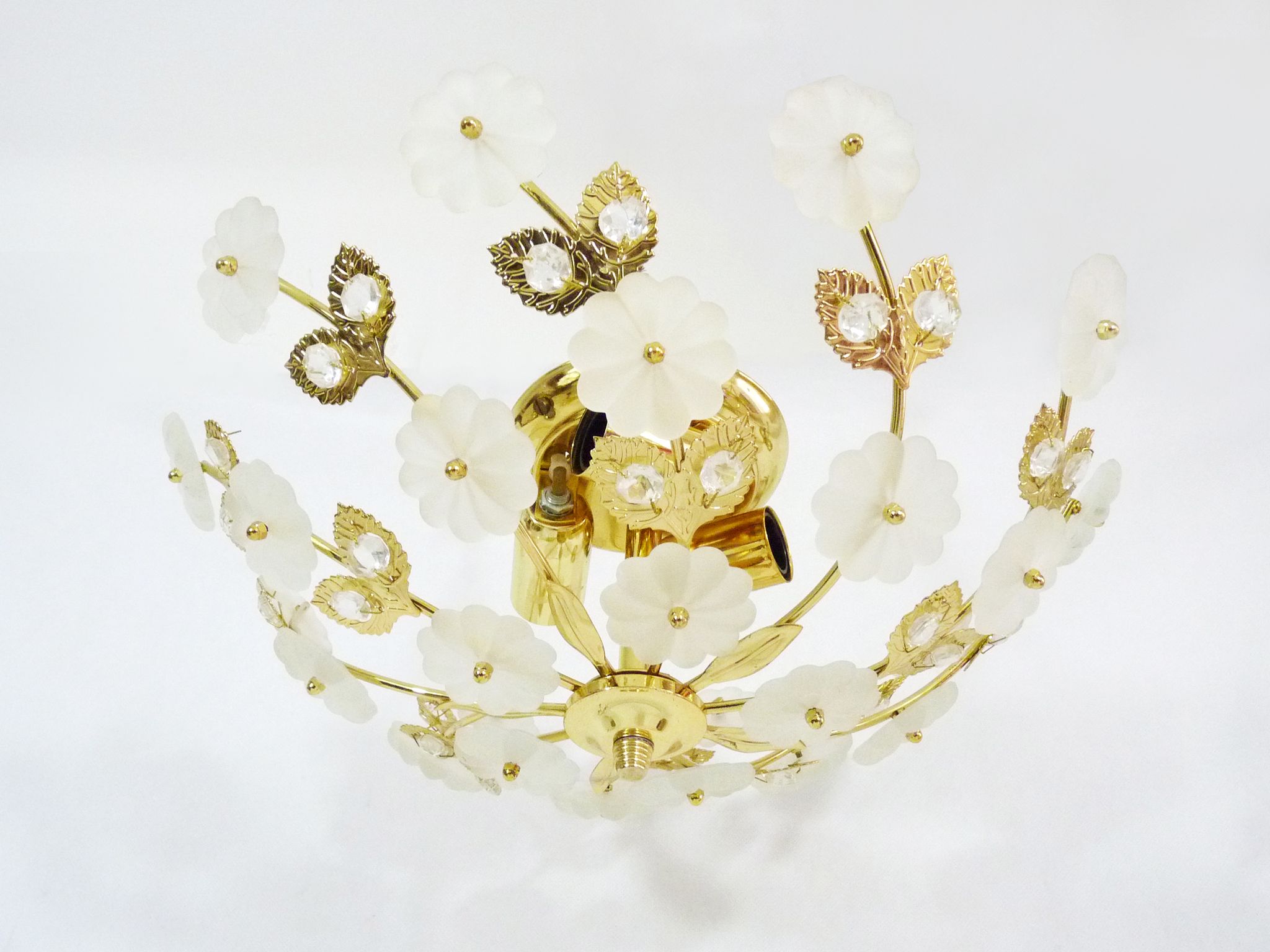 3-light gold metal and brass ceiling, white glass flowers and foliage 1970