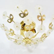 3-light gold metal and brass ceiling, white glass flowers and foliage 1970