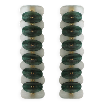 Mid Modern Green And White Murano Glass and Brass Italian Wall Sconces