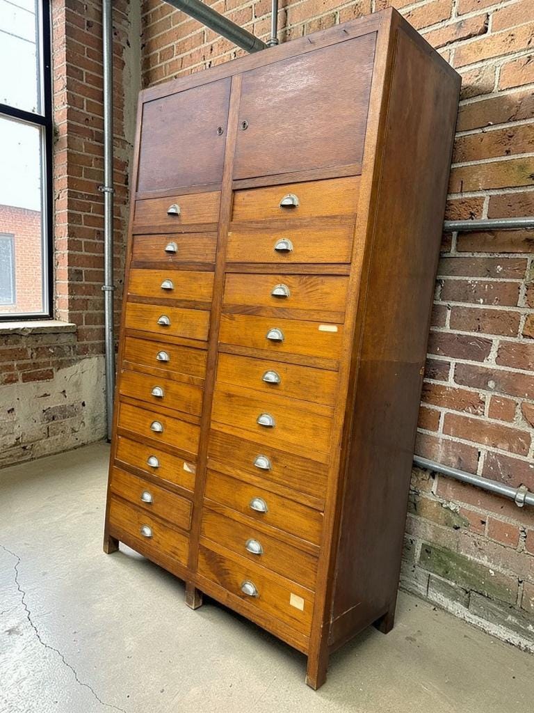 vintage industrial wooden drawer cabinet / archive cabinet
