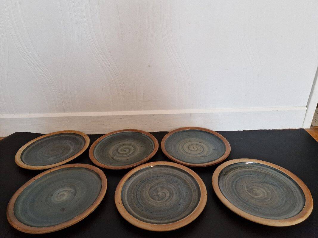Set of 6 70s Pierre Digan stoneware flat plates