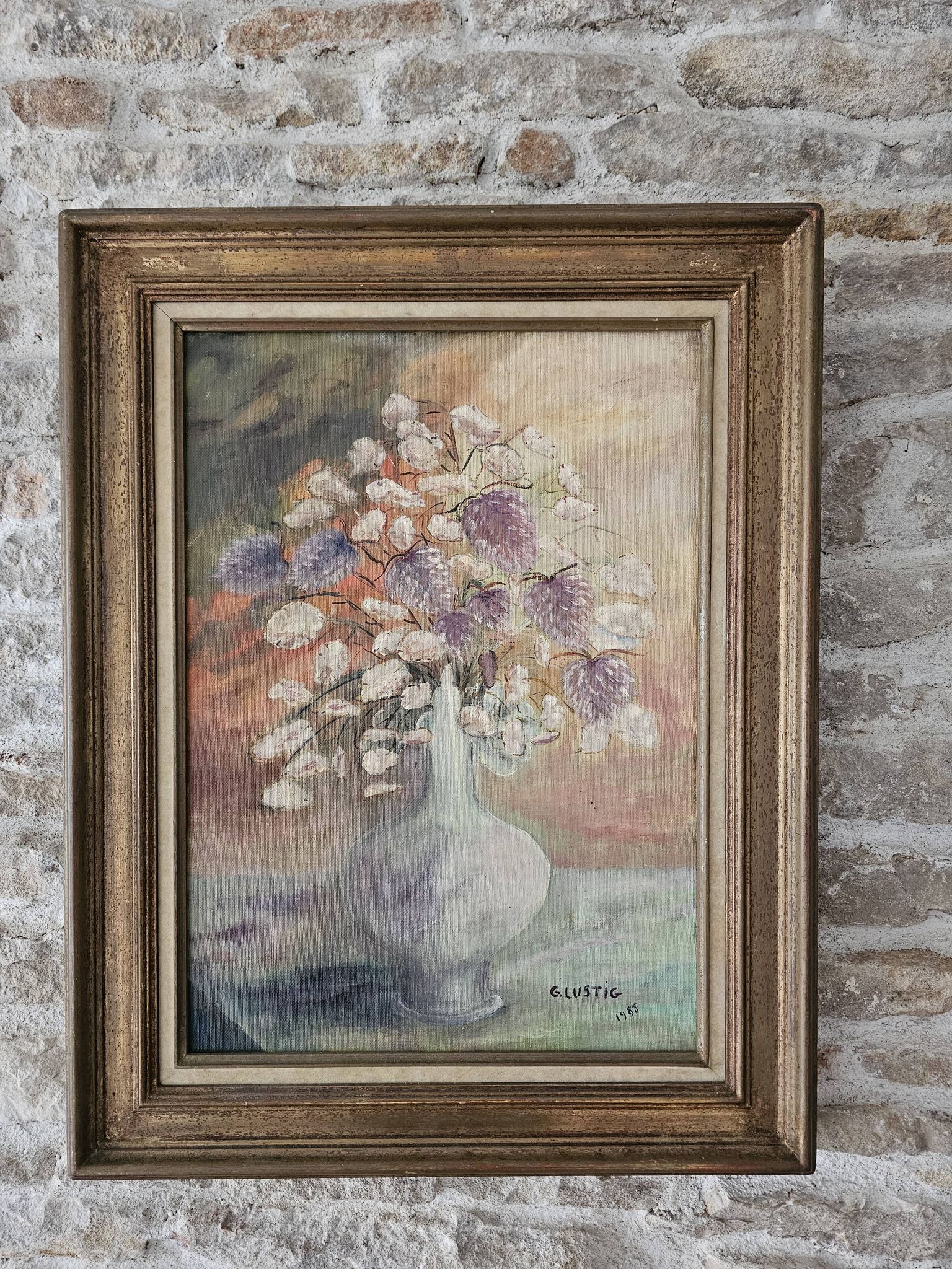 Tableau Huile sur Toile - Bouquet de fleurs Signé G Lustig 1985