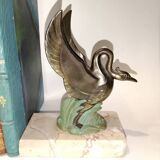 Art Deco bookends with metal swans, double patina and marble base.
