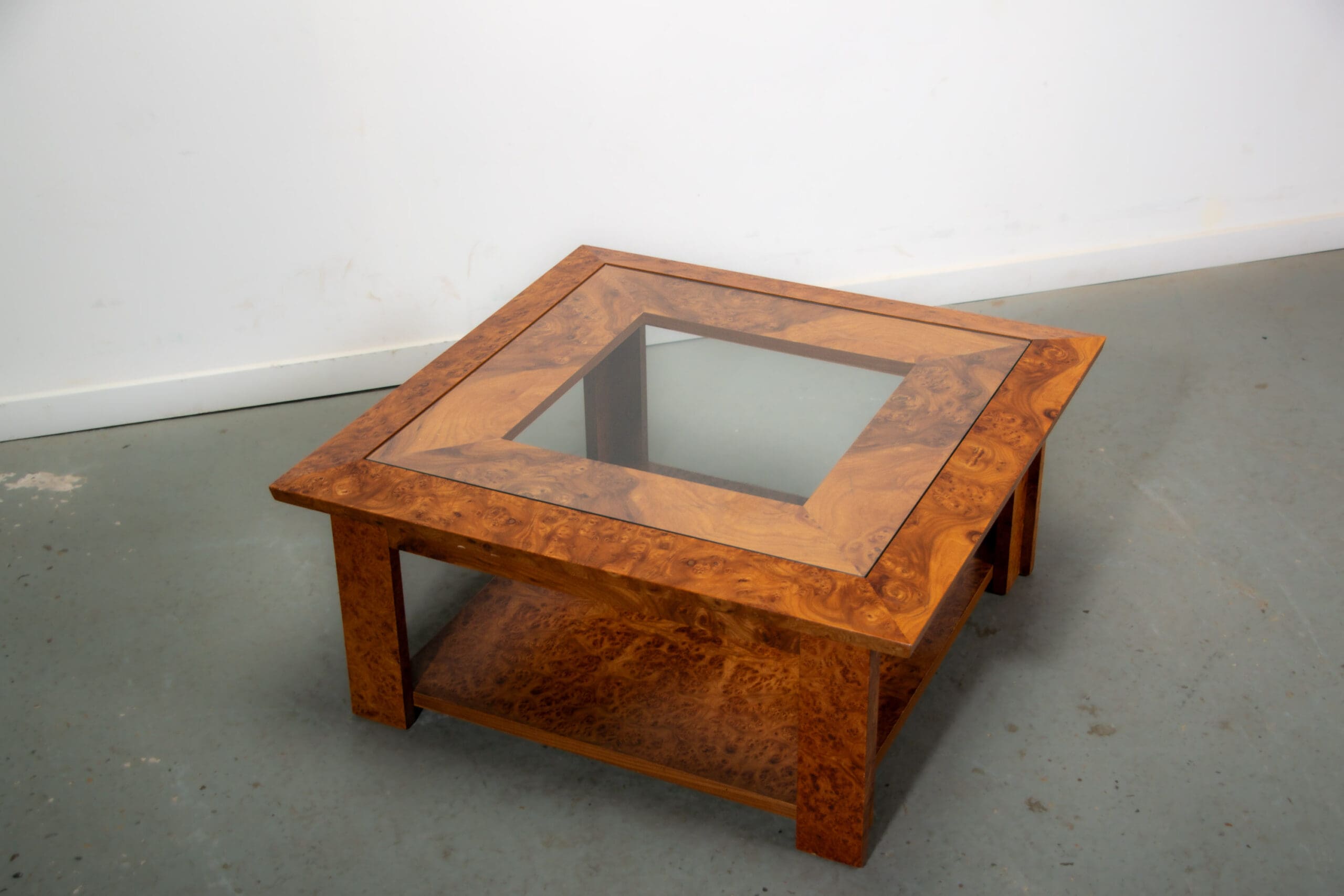 Walnut burl and glass coffee table circa 1980