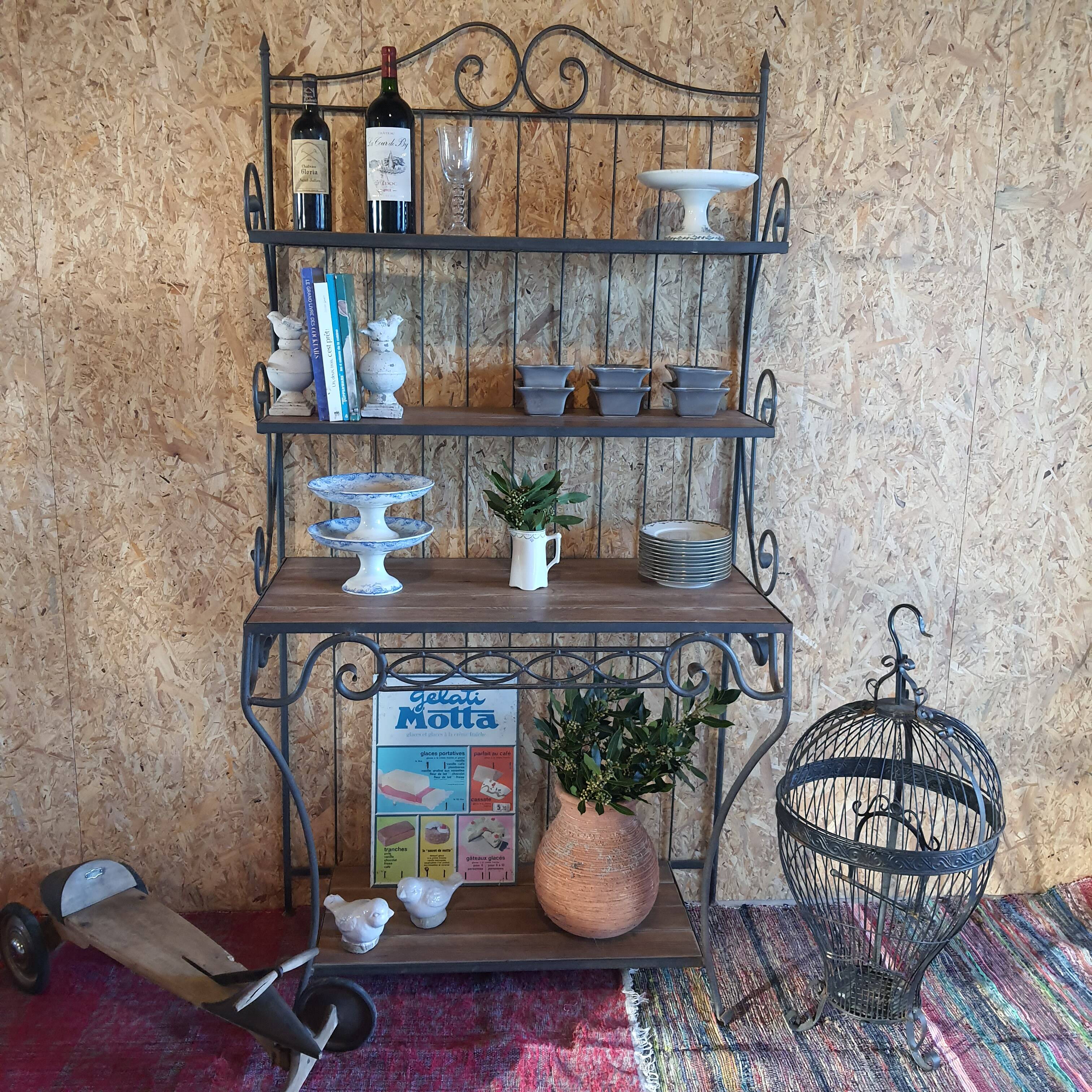 Wrought iron and wood baker shelves