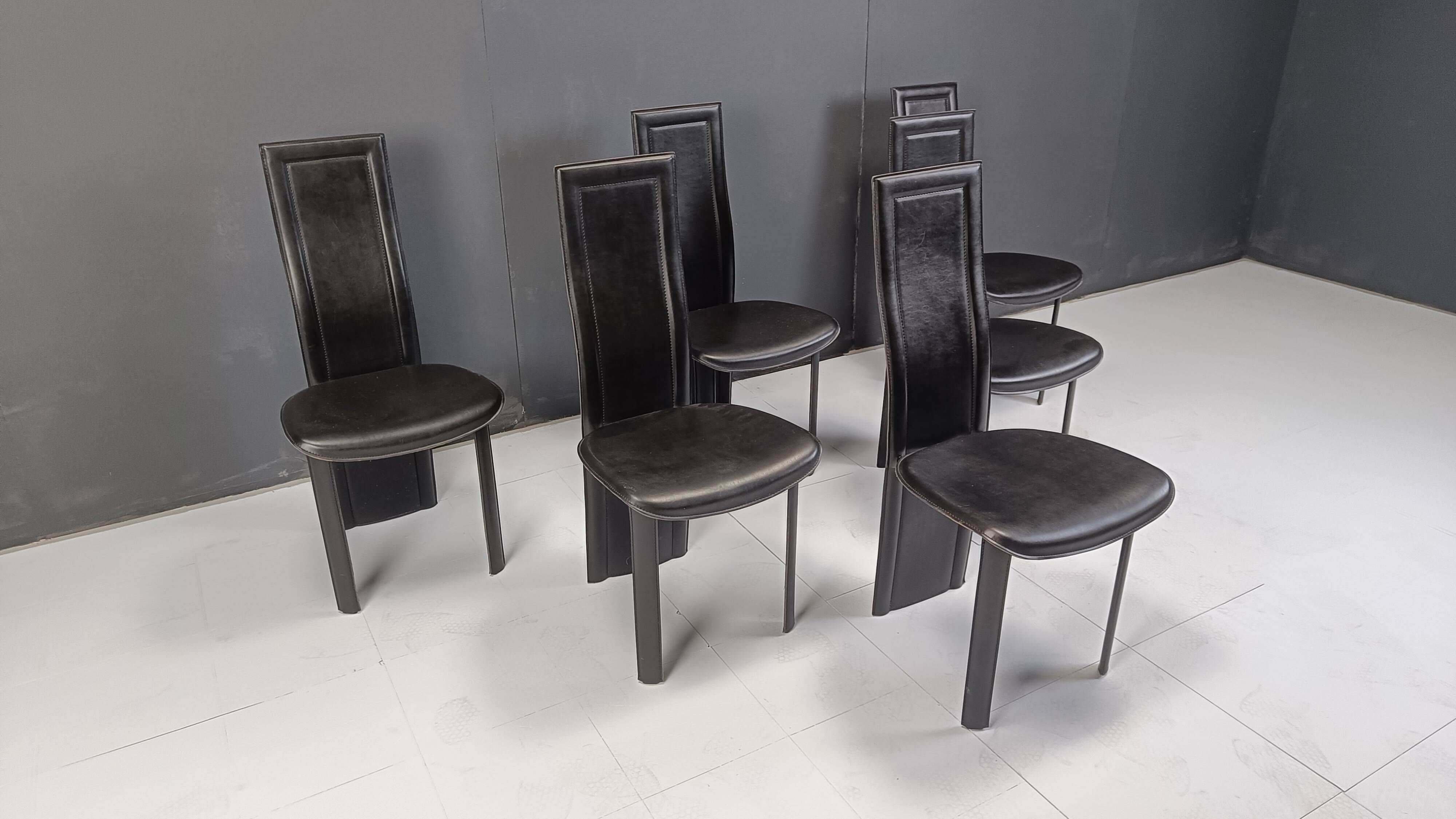 Vintage black leather high back dining chairs, set of 6, 1980s