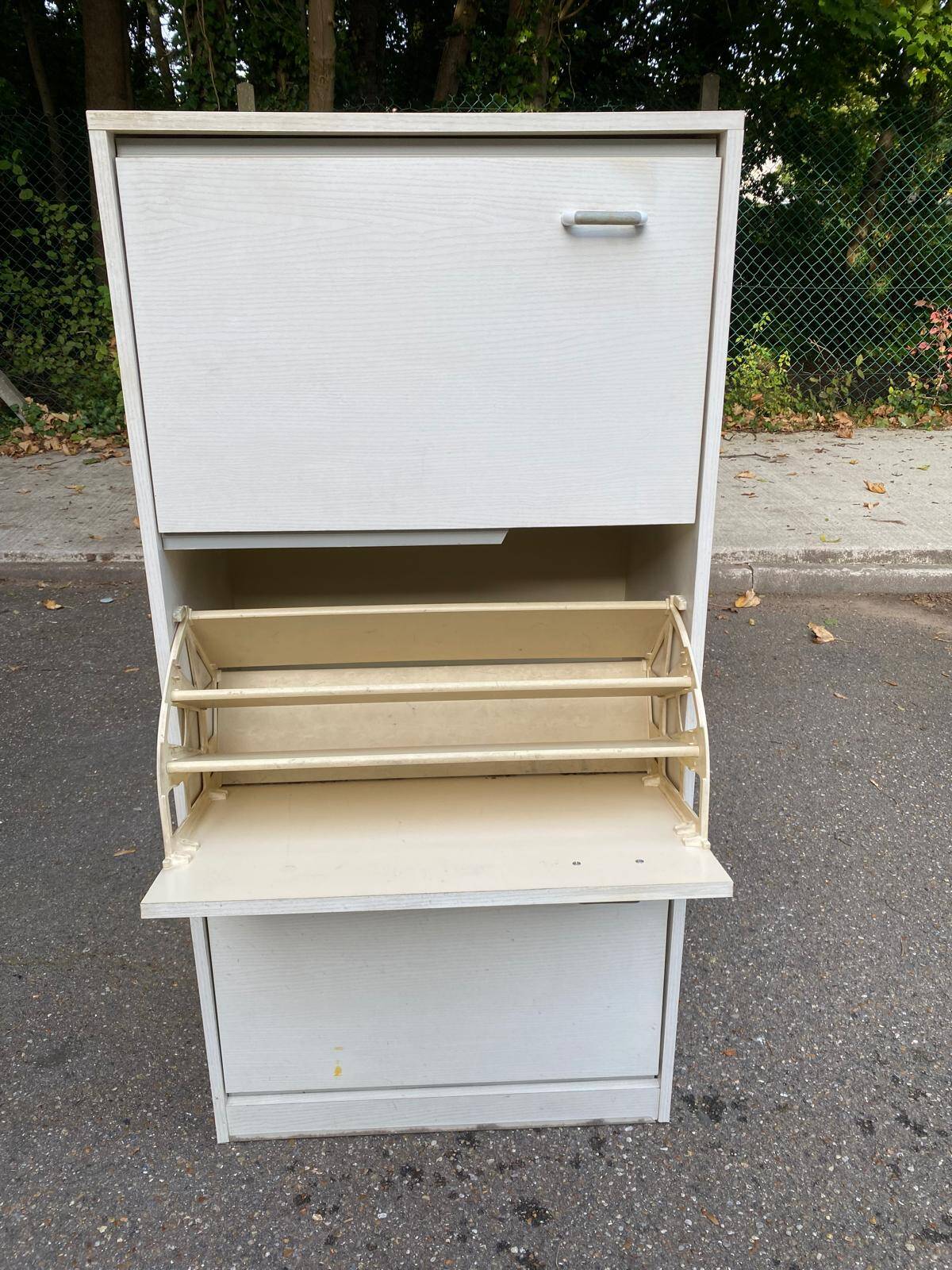 Scandinavian shoe cabinet with 3 beige wooden compartments from the 80s