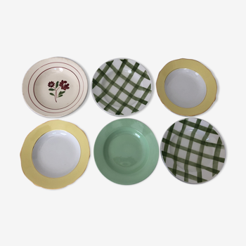 6 assiettes dépareillées faïence vintage