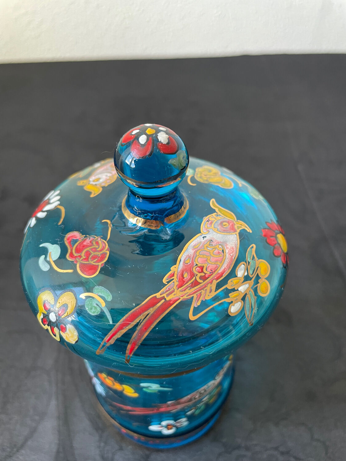 Hand-painted blue glass pot flowers and birds