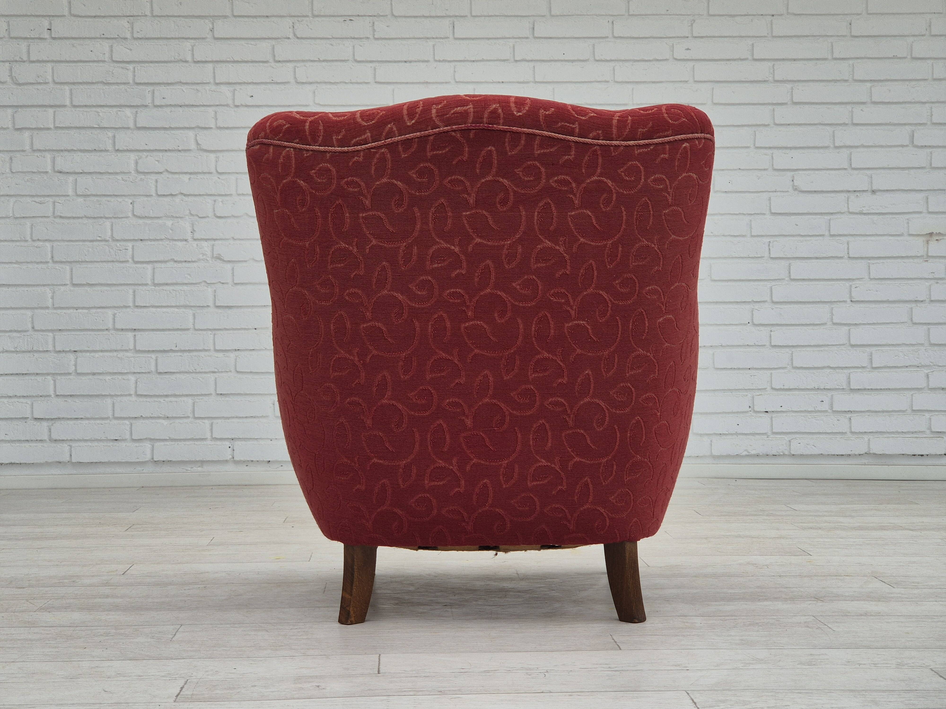 Années 1960, fauteuil relax danois, état d'origine, coton/laine rouge.