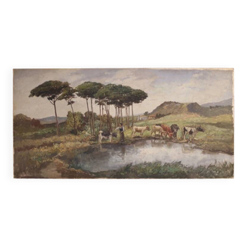 Bucolic landscape painting signed Giron from 20th century