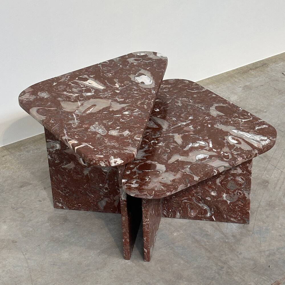 Set of 2 Belgian Rouge Griotte marble coffee tables, vintage postmodern nesting