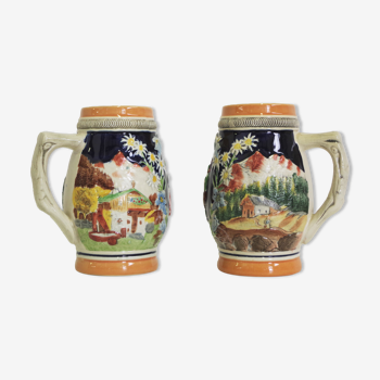 Mugs tyroliens en porcelaine, années 1980, lot de 2